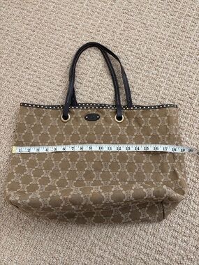 Celine Brown Logo-Pattern Canvas Tote Bag with Black Handles